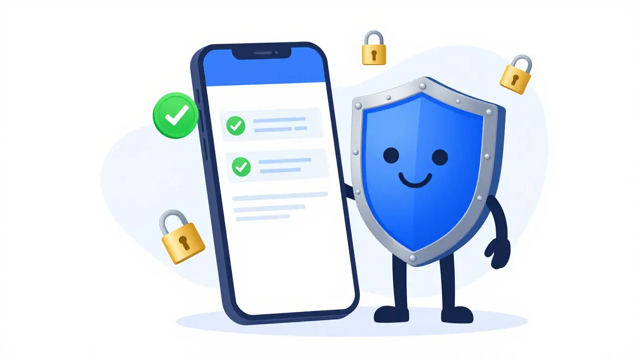 Shield character guarding a secure mobile crypto wallet interface