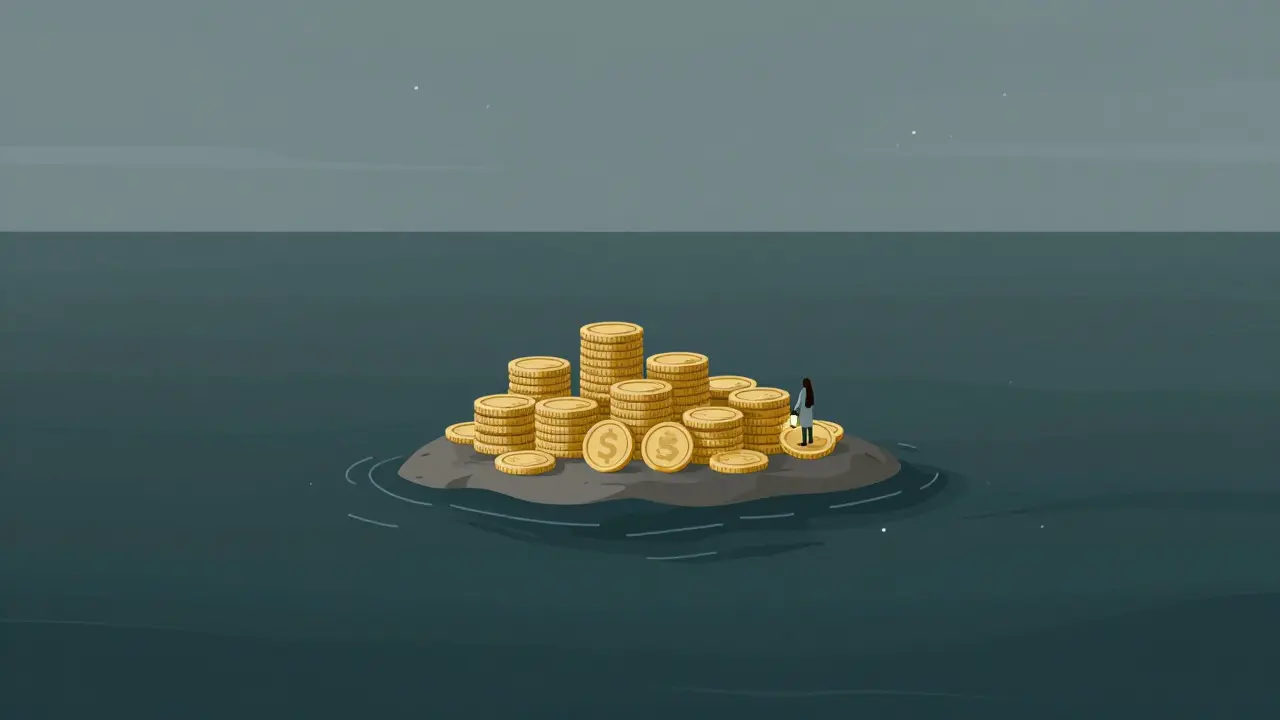 Small coin island in dark ocean symbolizing low liquidity and trading risks