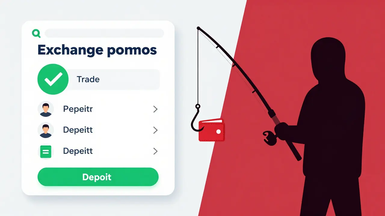 Split screen showing legitimate exchange promo vs dark scammer phishing