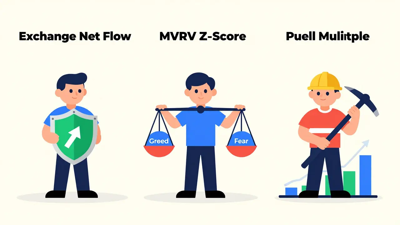 Three illustrated characters representing exchange flow, valuation, and miner metrics