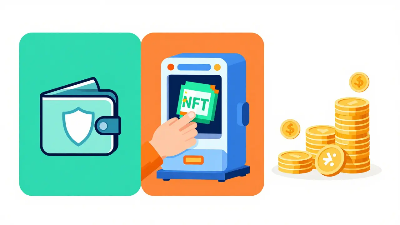 Three-step flat graphic showing wallet, staking NFT, and rewards