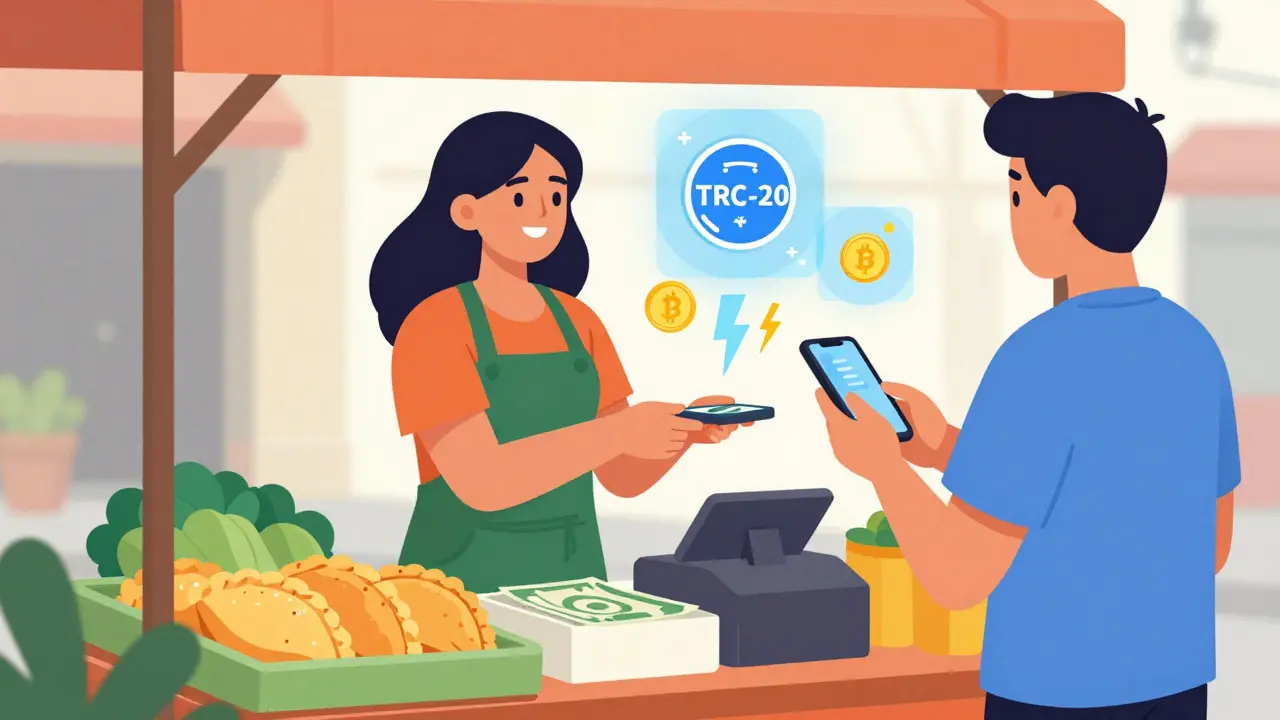 Vendor accepting crypto payment at street market