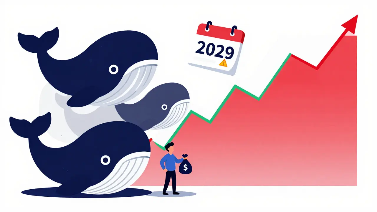 Whale wallets looming over small investor with volatile graph and 2029 unlock warning