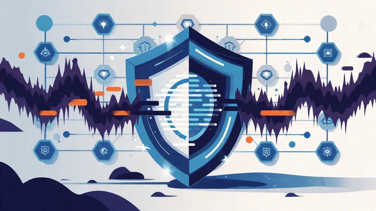 A digital shield blocking glitchy exploit waves from protecting a blockchain network