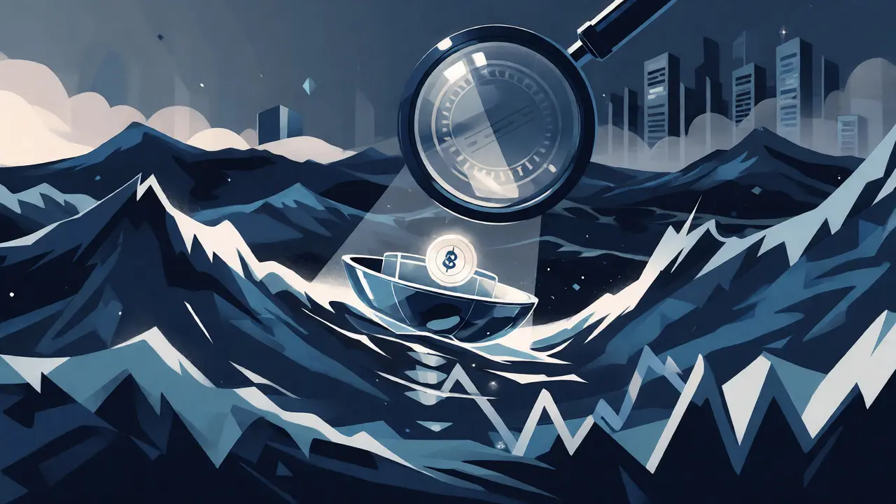 A small boat with a token navigating rough seas under a magnifying glass, symbolizing market risk and scrutiny.