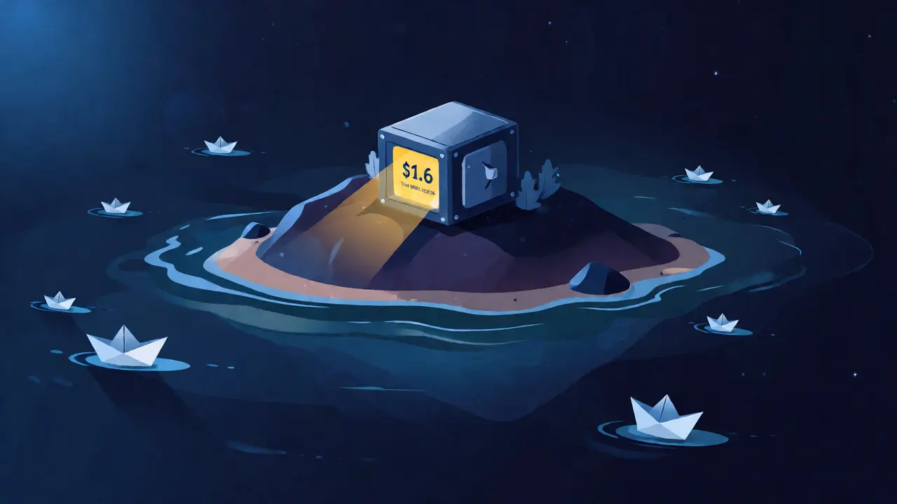 A small glowing vault on an island surrounded by drifting tokens in a dark ocean.
