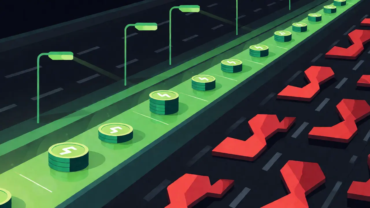 A smooth dedicated lane for stablecoins contrasting with a chaotic congested highway.