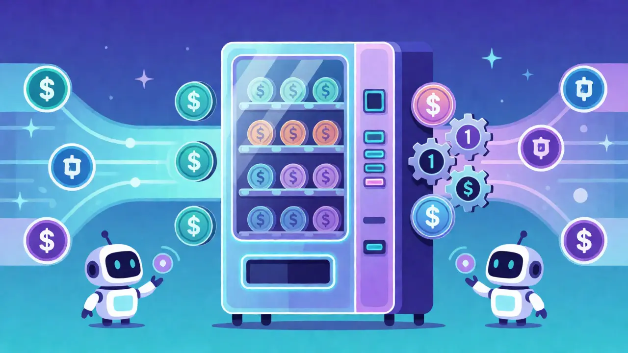 Abstract vending machine metaphor for OneSwap token swaps and AMM