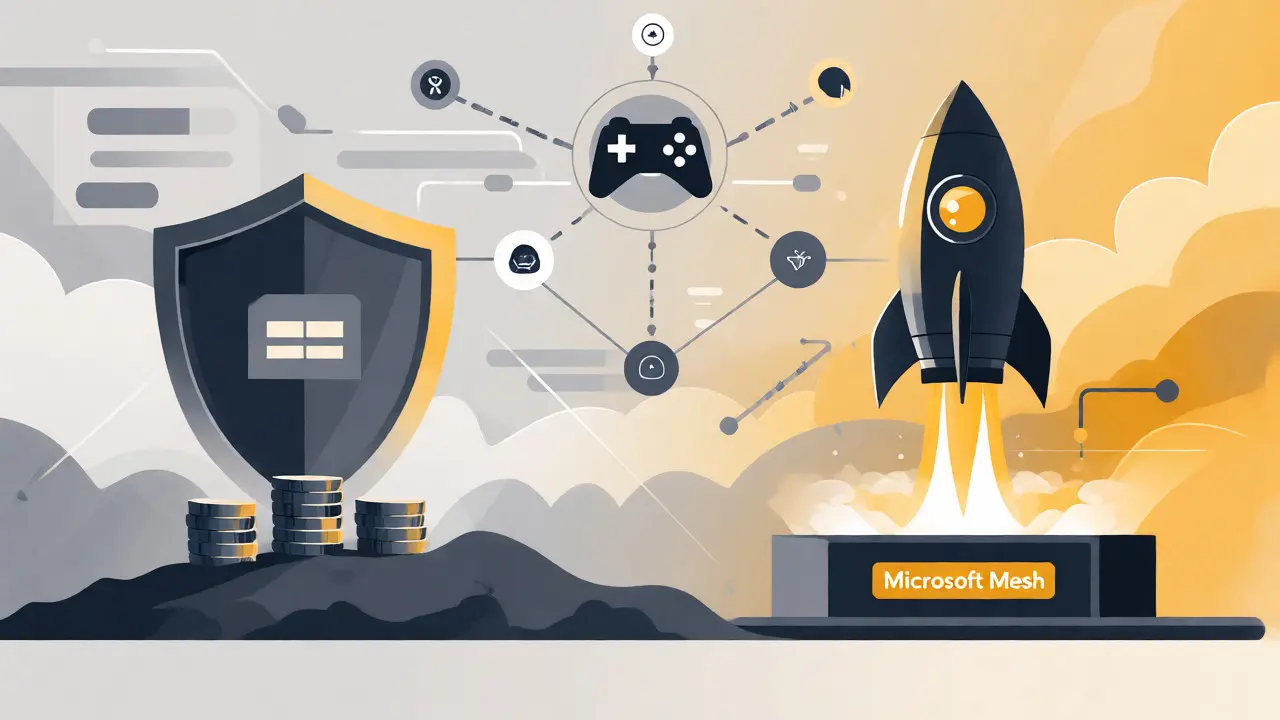 Abstract visualization of crypto risks and Microsoft Mesh technology integration for gaming.