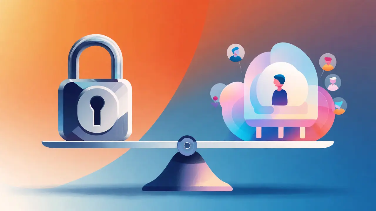 Balanced scale comparing security locks and community support avatars.