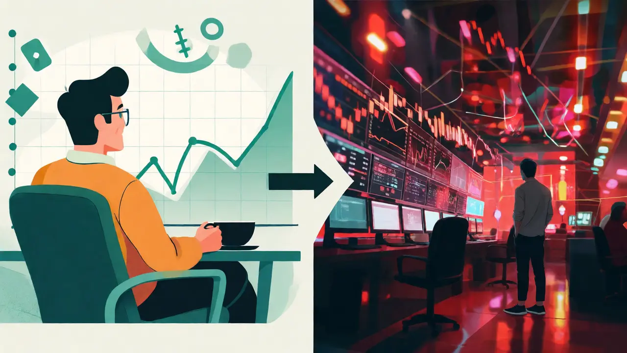 Calm long-term investing vs. chaotic active trading comparison