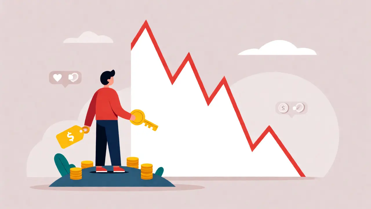 Character on a coin island analyzing WOOP's price decline and utility features