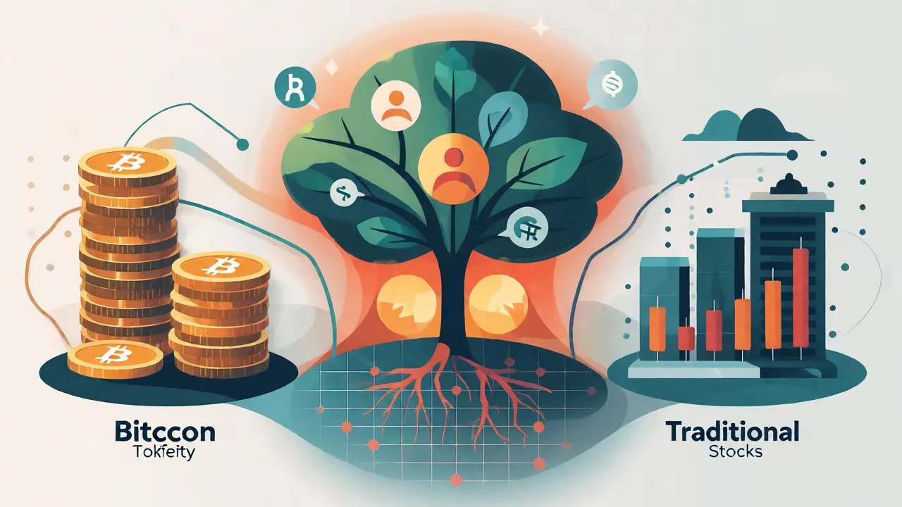 Conceptual comparison of Bitcoin, platform tokens, and stocks as growth trees.
