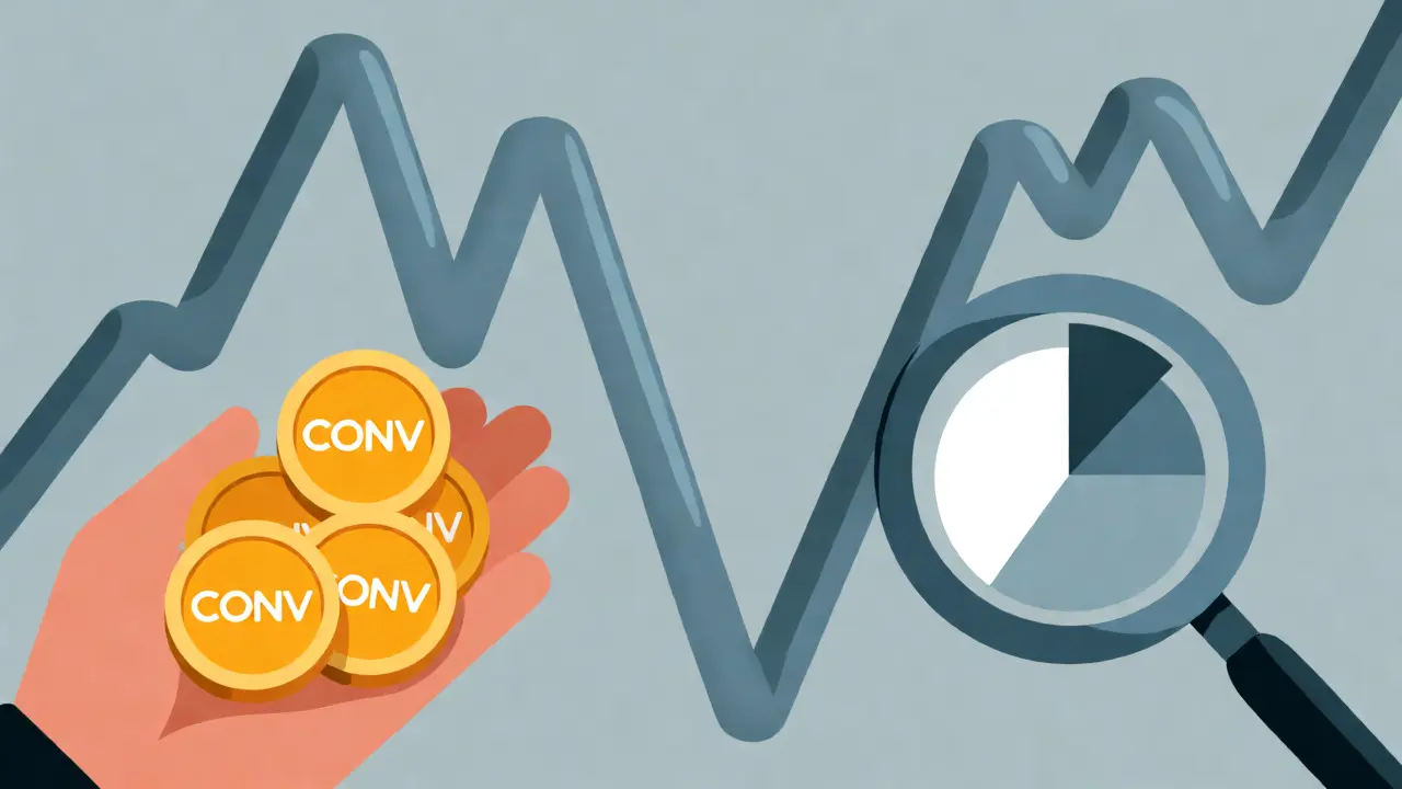 Conceptual flat illustration of volatile market graphs and token supply analysis.