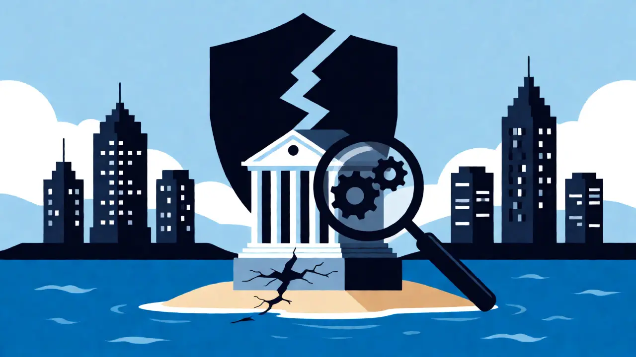 Cracked financial building on an island with regulatory shadows
