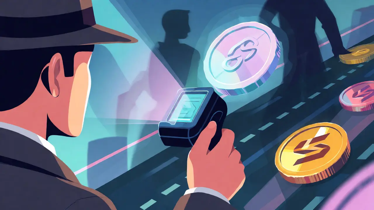 Detective scanning a ghostly KubeCoin token while faster coins pass by.