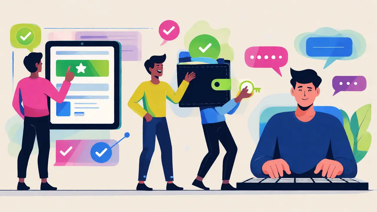 Diverse characters completing digital tasks like following and verifying wallets in a flat art style.