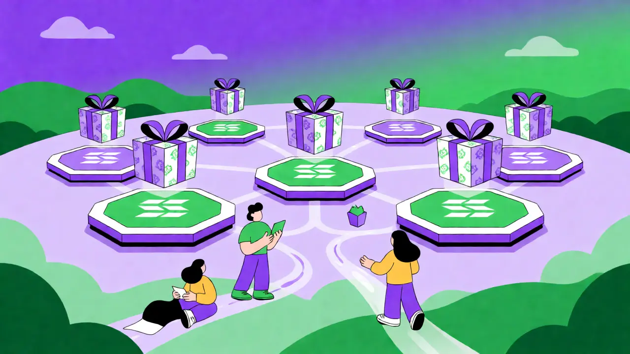 Festive Solana ecosystem scene with gift boxes and connected dApps illustrating holiday rewards.