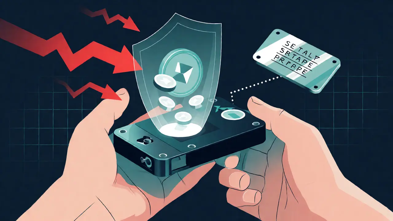 Flat art showing a hardware wallet protected by a shield against replay attack threats.