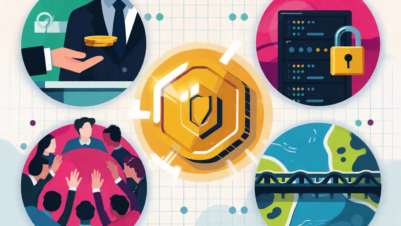 Four icons surrounding a central token showing fees, staking, governance, and cross-chain utilities.