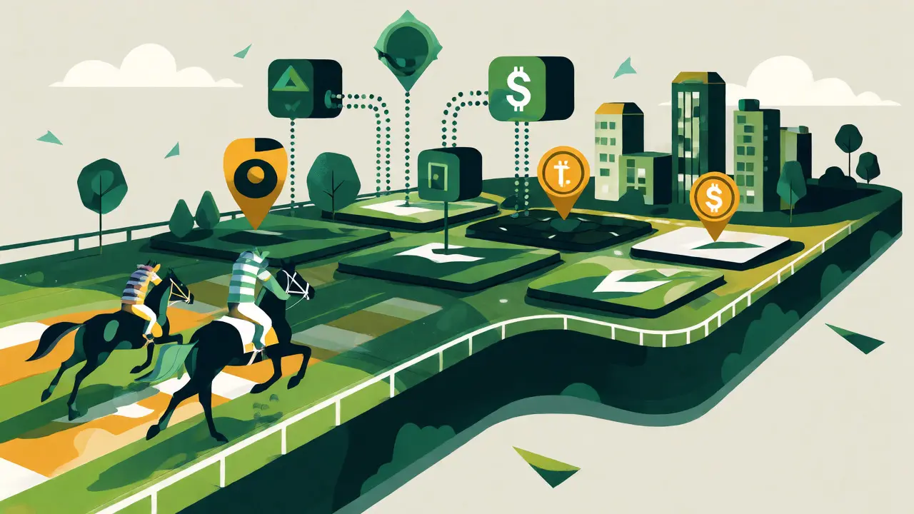 Futuristic landscape blending NFT horse racing with real estate concepts