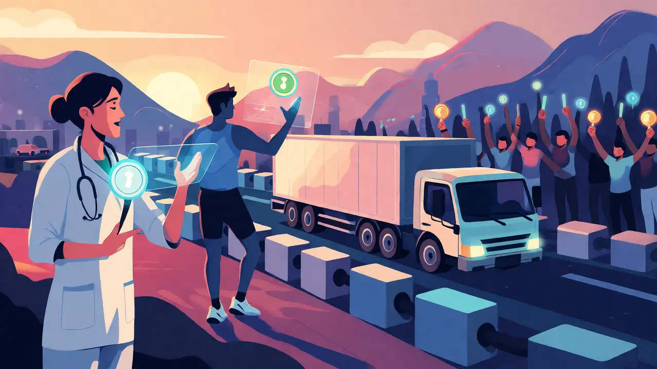 Futuristic scene showing token integration in healthcare, sports, and logistics.