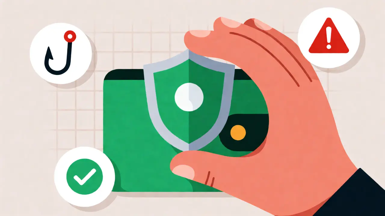 Hand protecting a digital wallet with a shield icon amidst scam and verification symbols.
