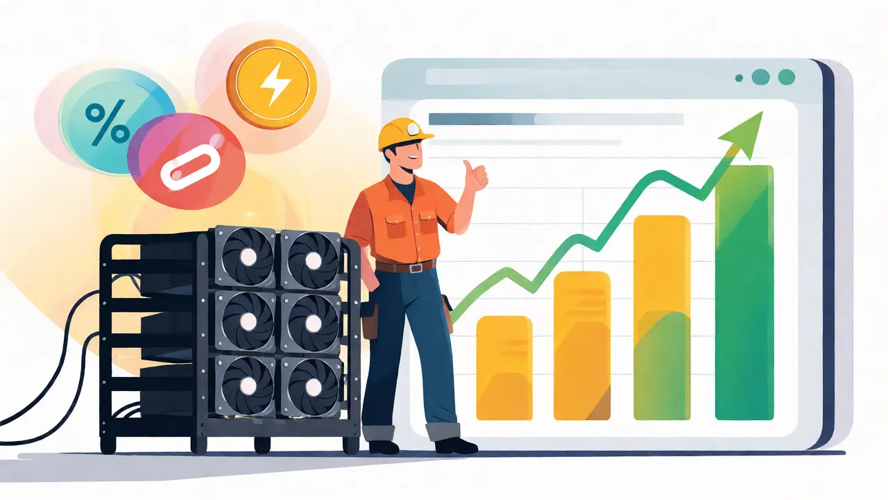 Happy miner standing by GPU rig with profit growth icons