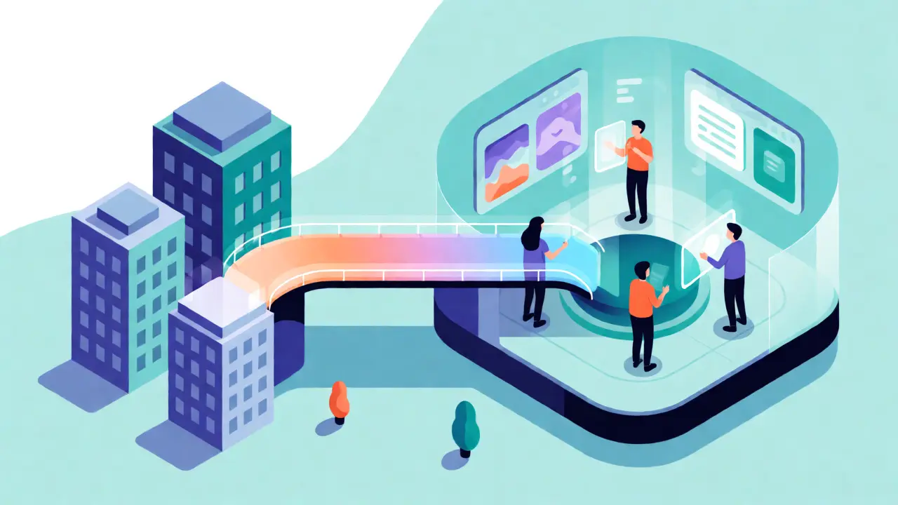 Isometric flat art showing a bridge connecting real-world assets to a DeFi hub.