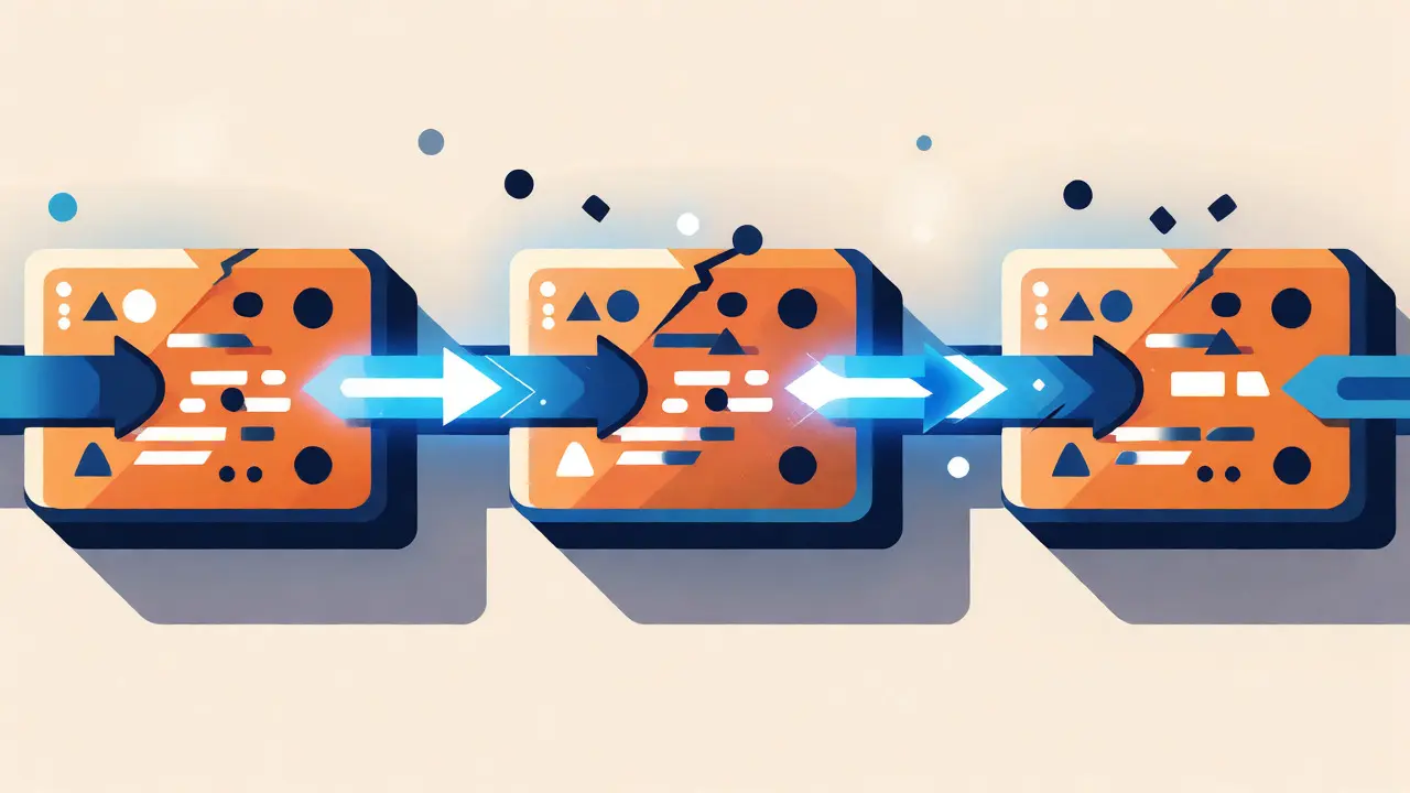 Linked blockchain blocks showing cryptographic connections and data integrity