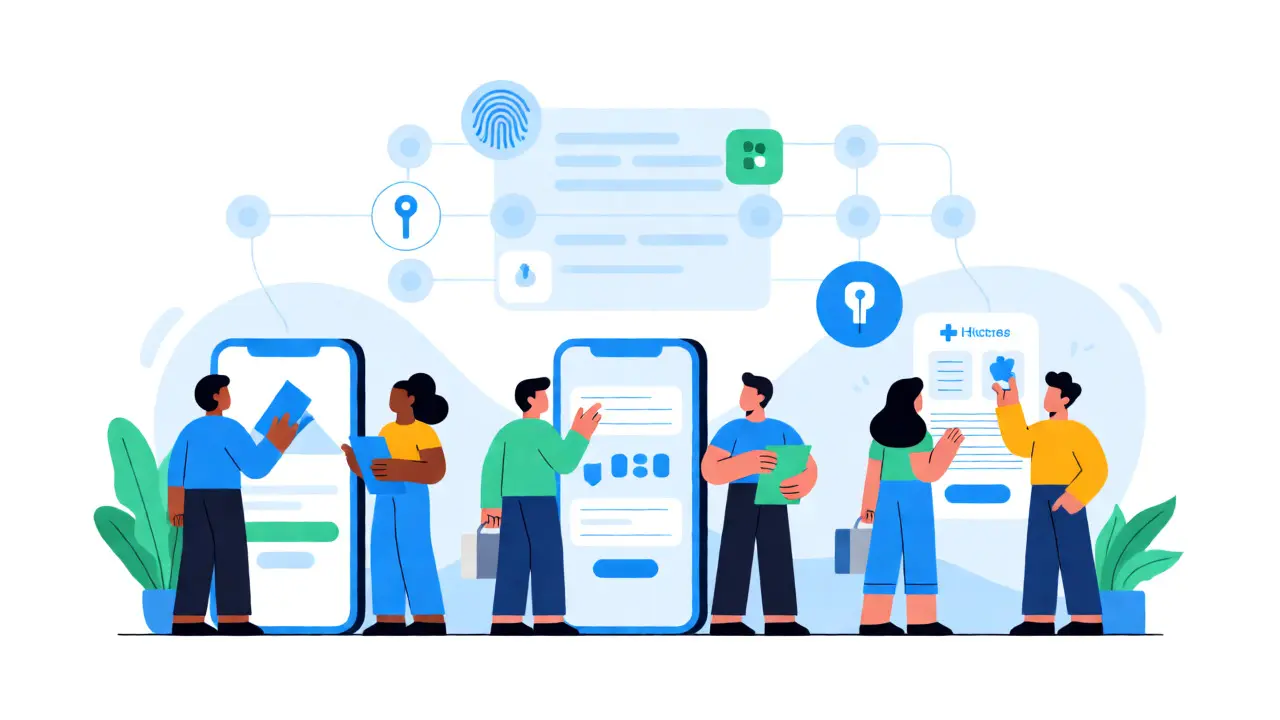 People using blockchain identity for voting, loans, and healthcare in a seamless digital ecosystem.