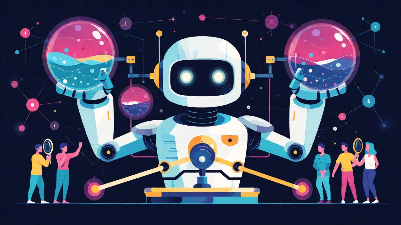 Robot managing floating token spheres in a colorful, automated DeFi network illustration.