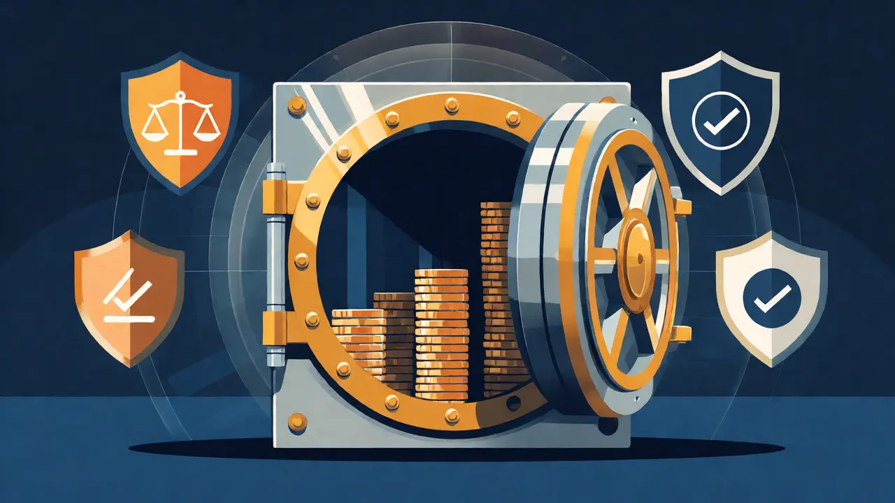Secure vault with digital coins and regulatory shield icons
