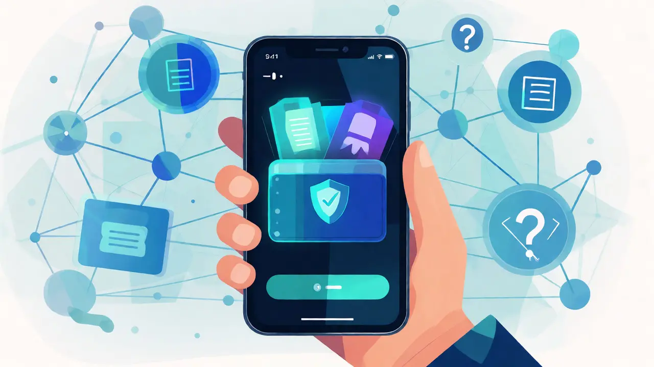 Smartphone displaying a secure digital wallet with verifiable credentials and a protection shield.