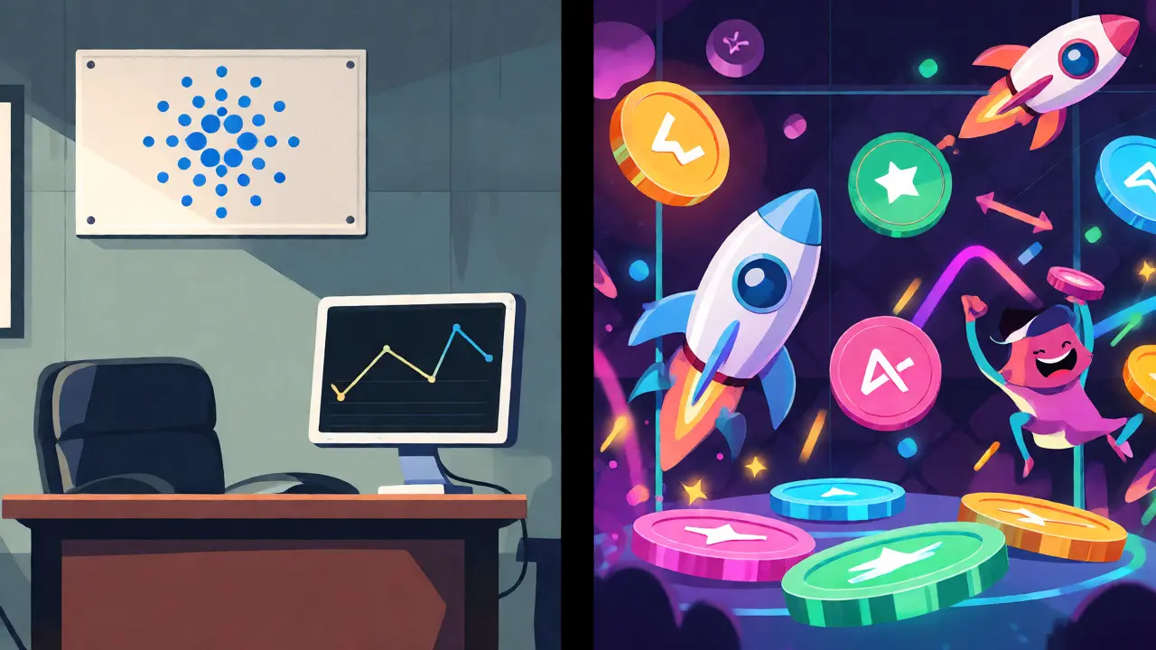 Split screen comparing quiet KubeCoin status with noisy active crypto presales.