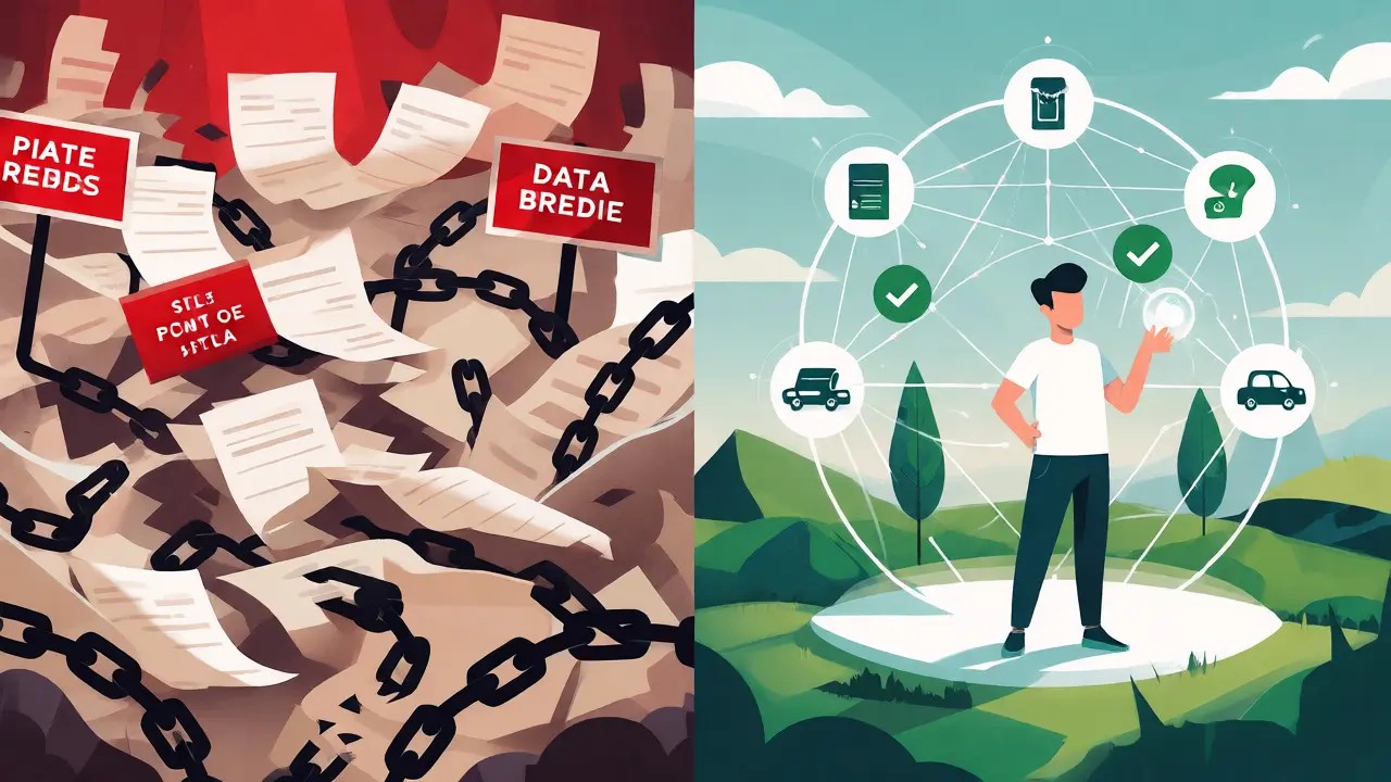 Split-screen comparison showing chaotic centralized data versus orderly decentralized identity networks.