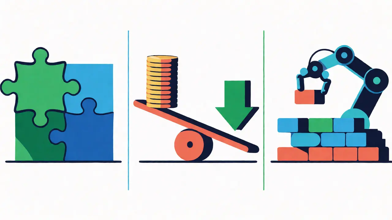 Three-panel flat illustration showing correlated assets, hedging balances, and automated structures.