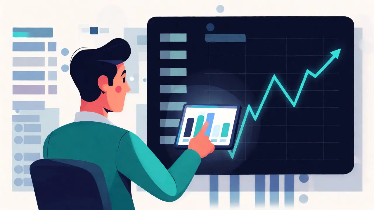 Trader using a minimalist mobile app with an upward trending chart.