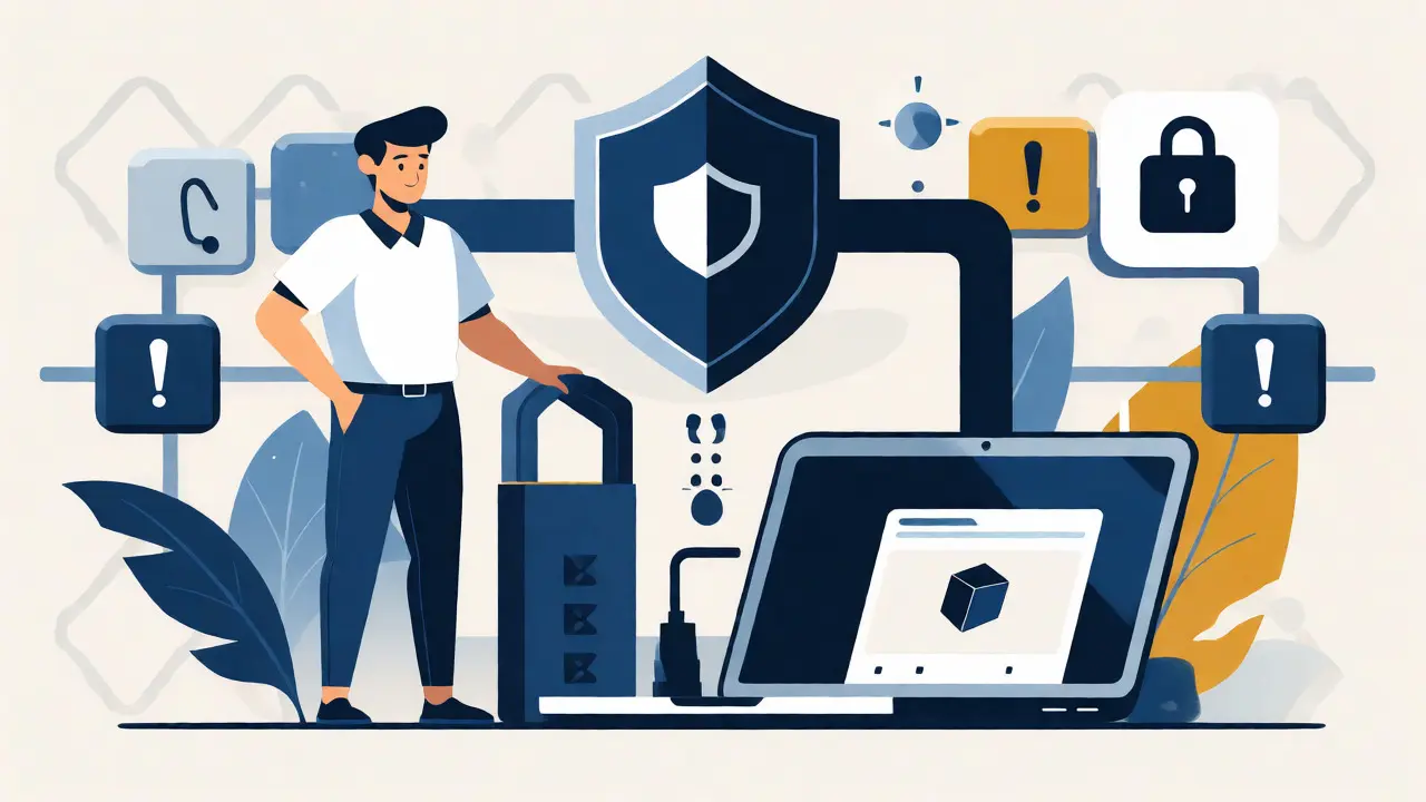 User securing cryptocurrency with a hardware wallet and protective shields.