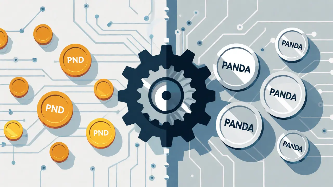 Visual metaphor of PND tokens transforming into PANDA tokens via gears.
