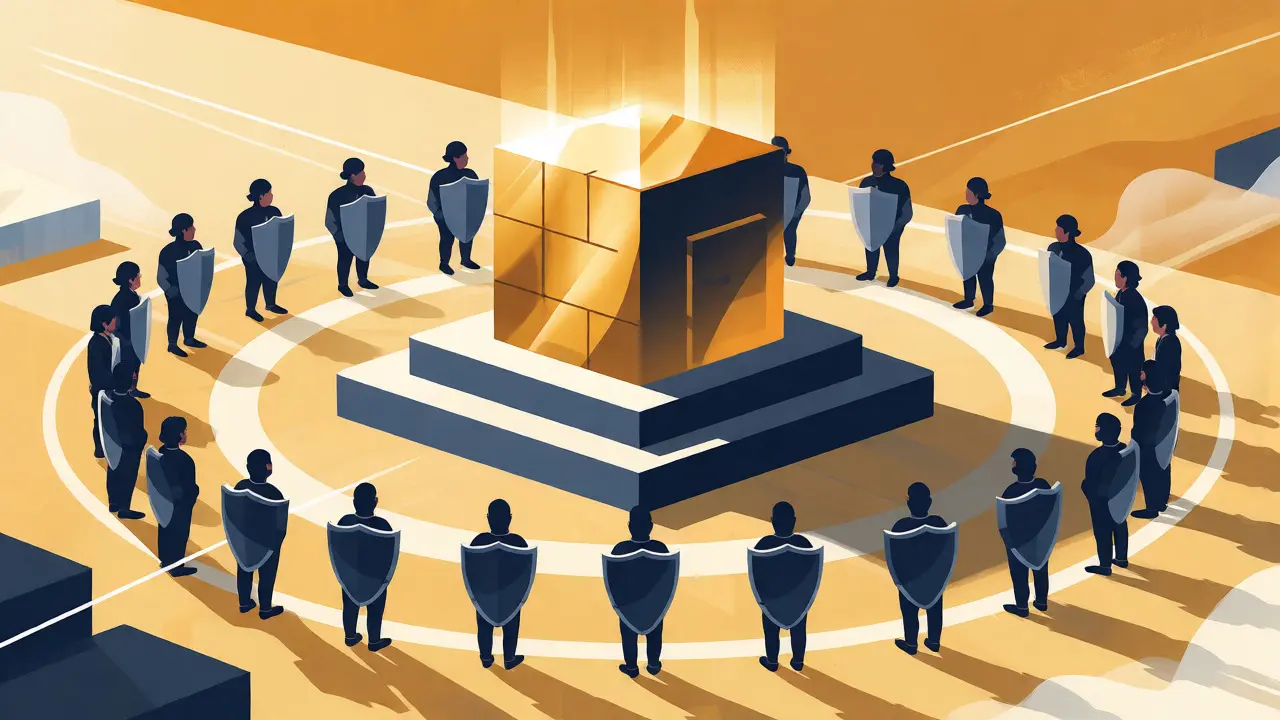 Visual representation of absolute finality with validators securing a block
