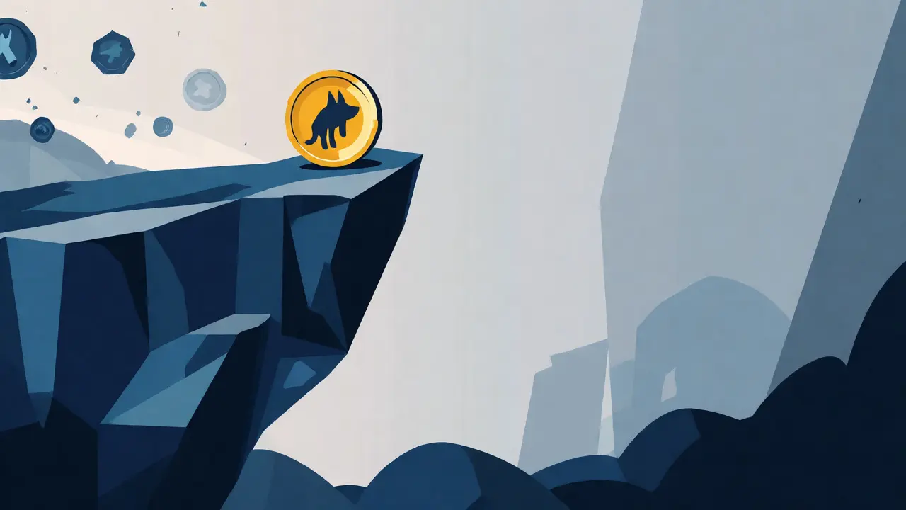 A small coin balancing on a cliff edge symbolizing high investment risk