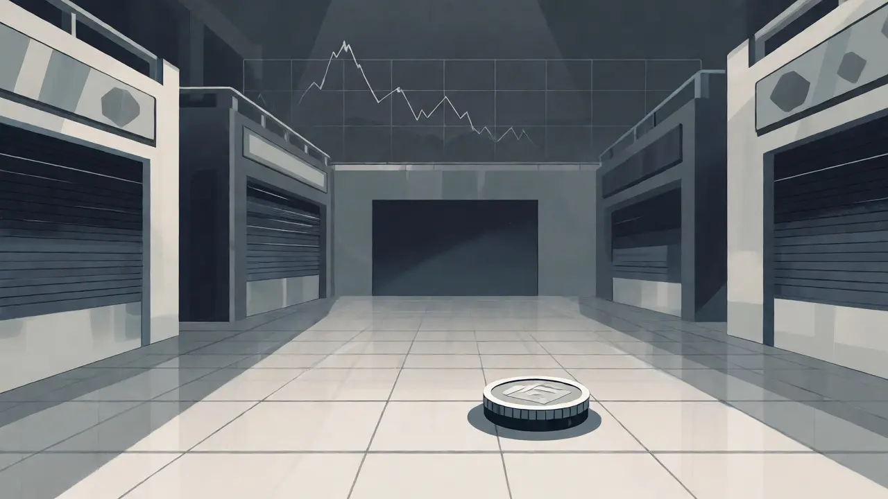 A solitary cryptocurrency coin on an empty trading floor with low activity