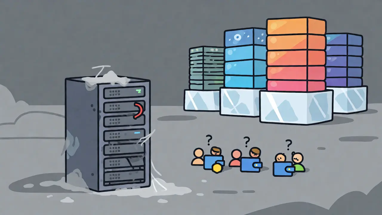 Abandoned server rack and sad users contrasted with secure surviving exchanges in a flat style.