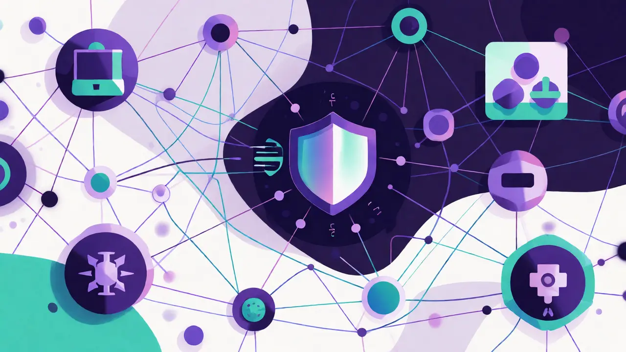 Abstract flat art of shielded data packets moving through a cross-chain network.