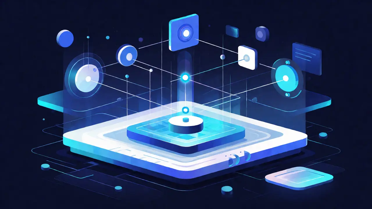 Abstract flat illustration of Layer-2 networks connecting to a main blockchain layer.
