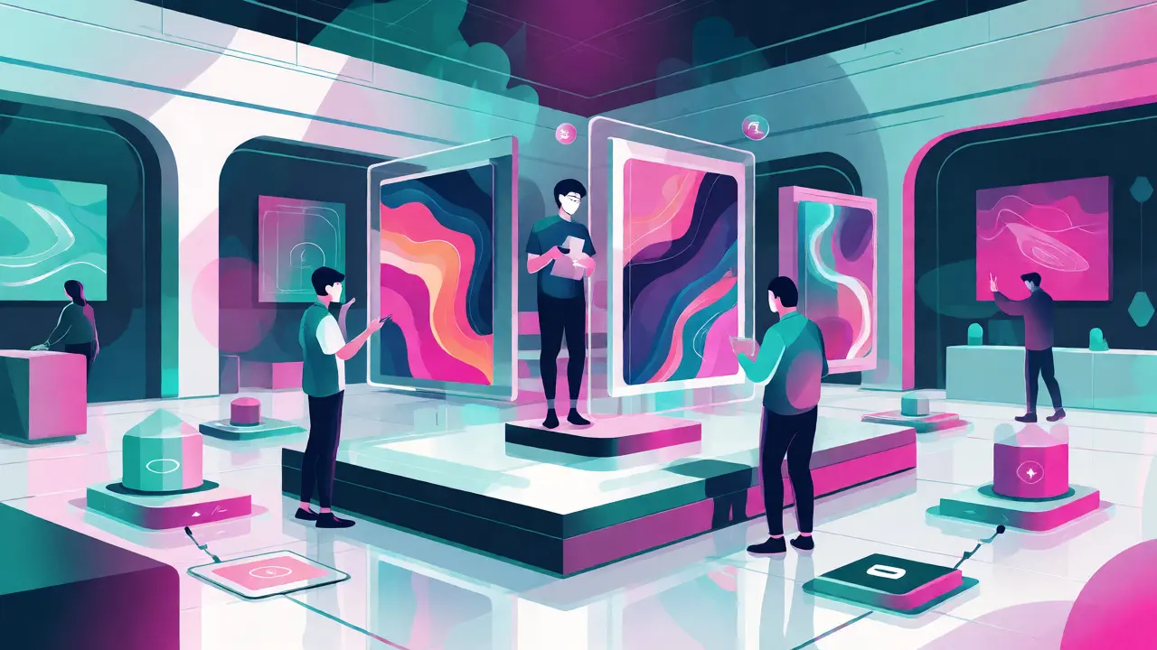 Abstract NFT marketplace with artists and digital art in a virtual gallery