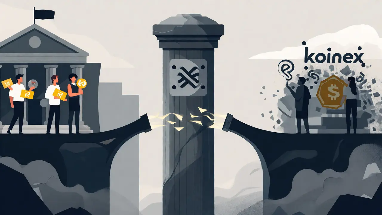 Broken bridge between bank and crypto exchange symbolizing RBI ban
