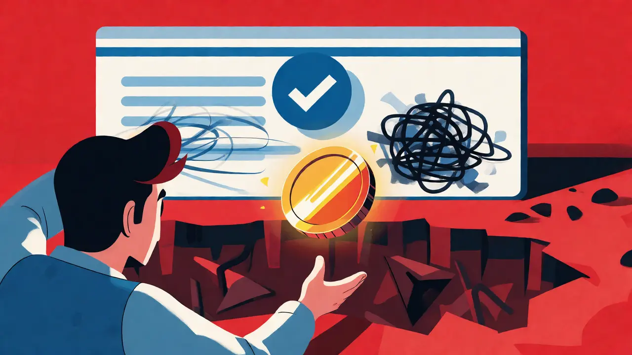 Cartoon character reaching for a lure coin above a pit of phishing dangers.