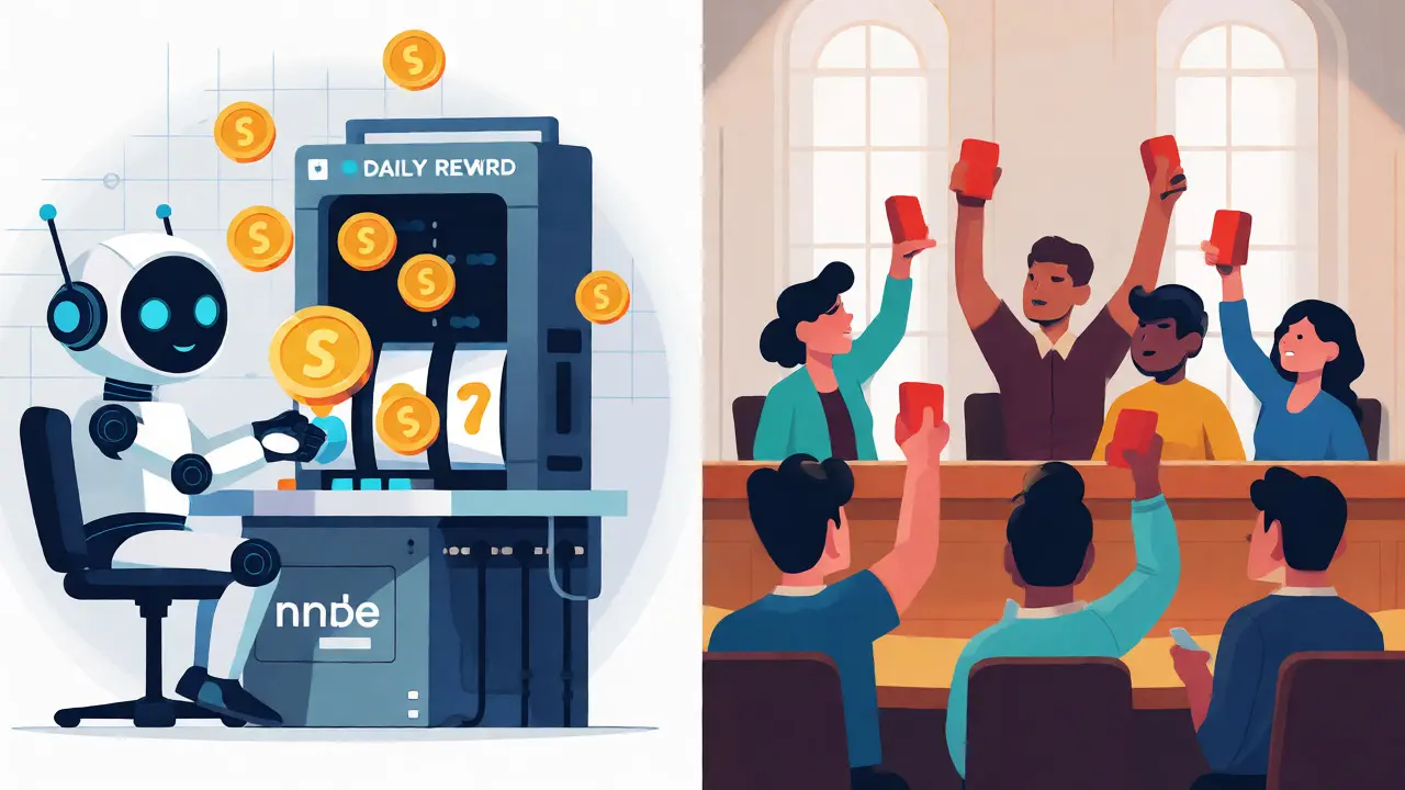 Cartoon scene depicting node operators earning rewards and community members voting on proposals.